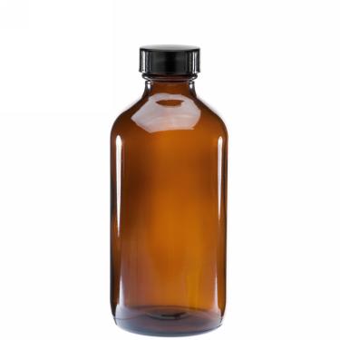 8 oz (240ml) 28/400 Boston Round Amber Glass Bottle w/Black Poly Cone Cap  {96/case}