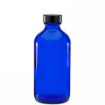 8 oz (240ml) 28/400 Boston Round Blue Glass Bottle w/Black Poly Cone Cap  {108/case}