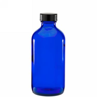 8 oz (240ml) 28/400 Boston Round Blue Glass Bottle w/Black Poly Cone Cap  {108/case}