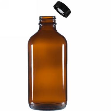 8 oz (240ml) 28/400 Boston Round Amber Glass Bottle w/Black Poly Cone Cap  {96/case} #2