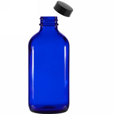 8 oz (240ml) 28/400 Boston Round Blue Glass Bottle w/Black Poly Cone Cap  {108/case} #2