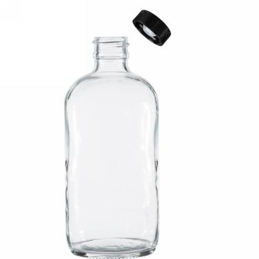 8 oz (240ml) 28/400 Boston Round Clear Glass Bottle w/Black Poly Cone Cap  {96/case} #2