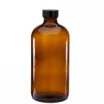 16 oz (480ml) 28/400 Boston Round Amber Glass Bottle w/Black Poly Cone Cap  {60/case}