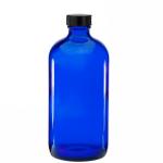16 oz (480ml) 28/400 Boston Round Blue Glass Bottle w/Black Poly Cone Cap  {72/case}