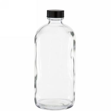 16 oz (480ml) 28/400 Boston Round Clear Glass Bottle w/Black Poly Cone Cap  {60/case}