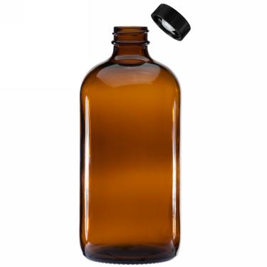 16 oz (480ml) 28/400 Boston Round Amber Glass Bottle w/Black Poly Cone Cap  {60/case} #2