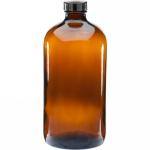 32 oz (960ml) 28/400 Boston Round Amber Glass Bottle w/Black Poly Cone Cap  {20/case}