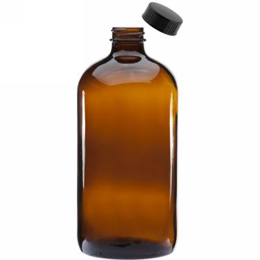 32 oz (960ml) 28/400 Boston Round Amber Glass Bottle w/Black Poly Cone Cap  {20/case} #2