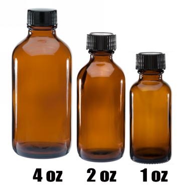 1 oz (30ml) Amber Boston Round Glass Bottle w/Black Poly Cone Cap  {360/case} #2